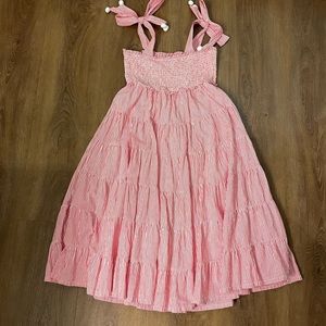 EUC Smocked Tie Shoulder Midi Dress with Pom Pom Detailing Red White Stripe